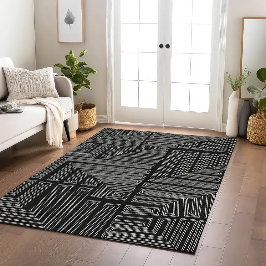 Black And Ivory Geometric Washable Indoor Outdoor Area Rug Photo 9