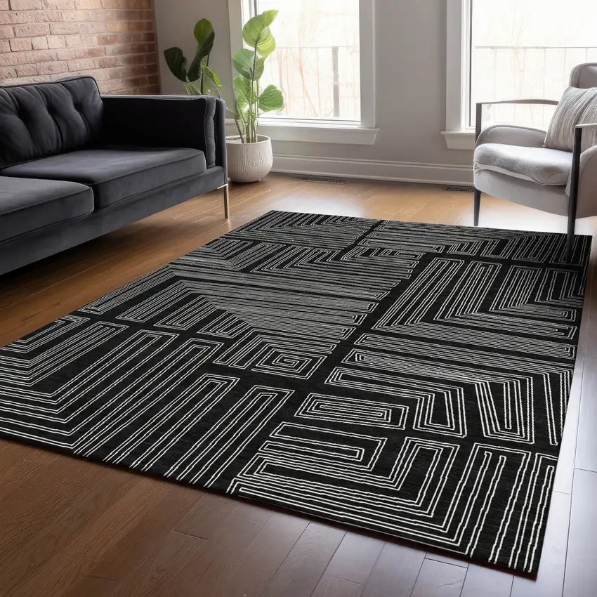 Black And Ivory Geometric Washable Indoor Outdoor Area Rug Photo 8