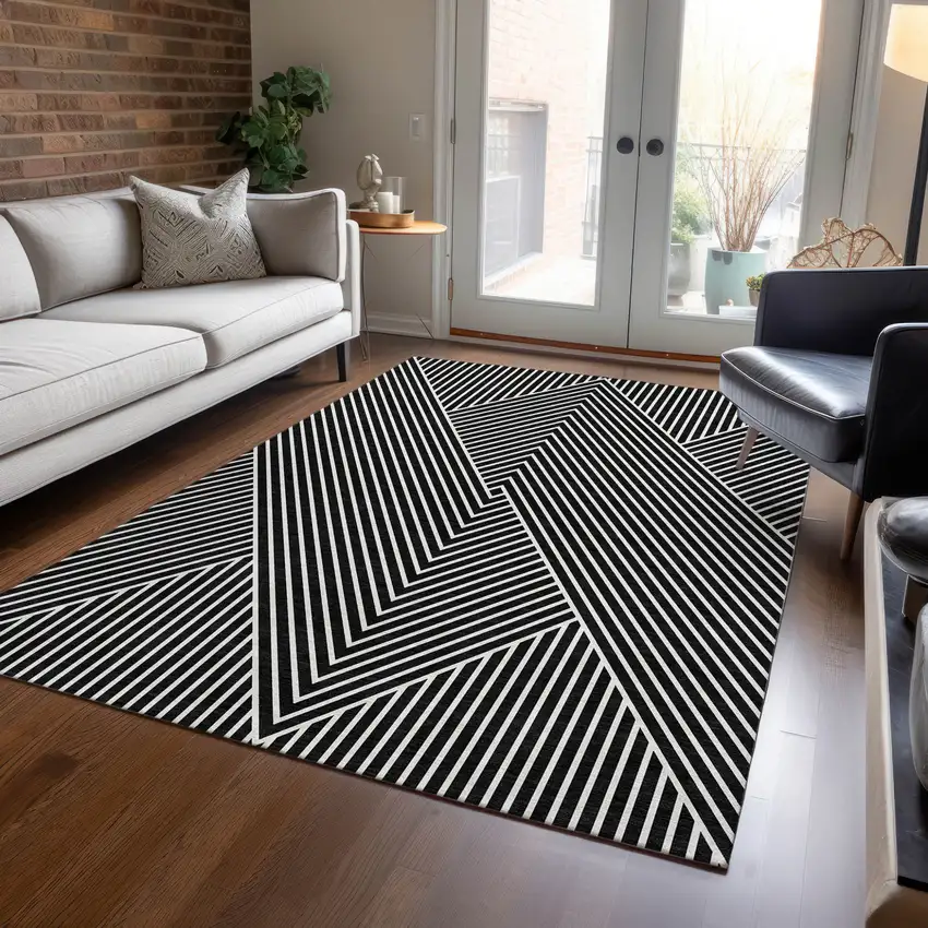 Black And Ivory Geometric Washable Indoor Outdoor Area Rug Photo 9