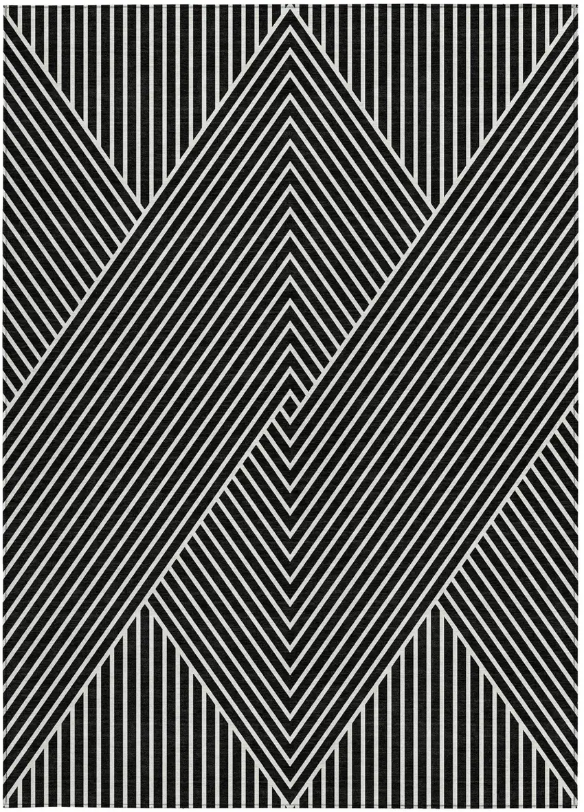 Black And Ivory Geometric Washable Indoor Outdoor Area Rug Photo 7