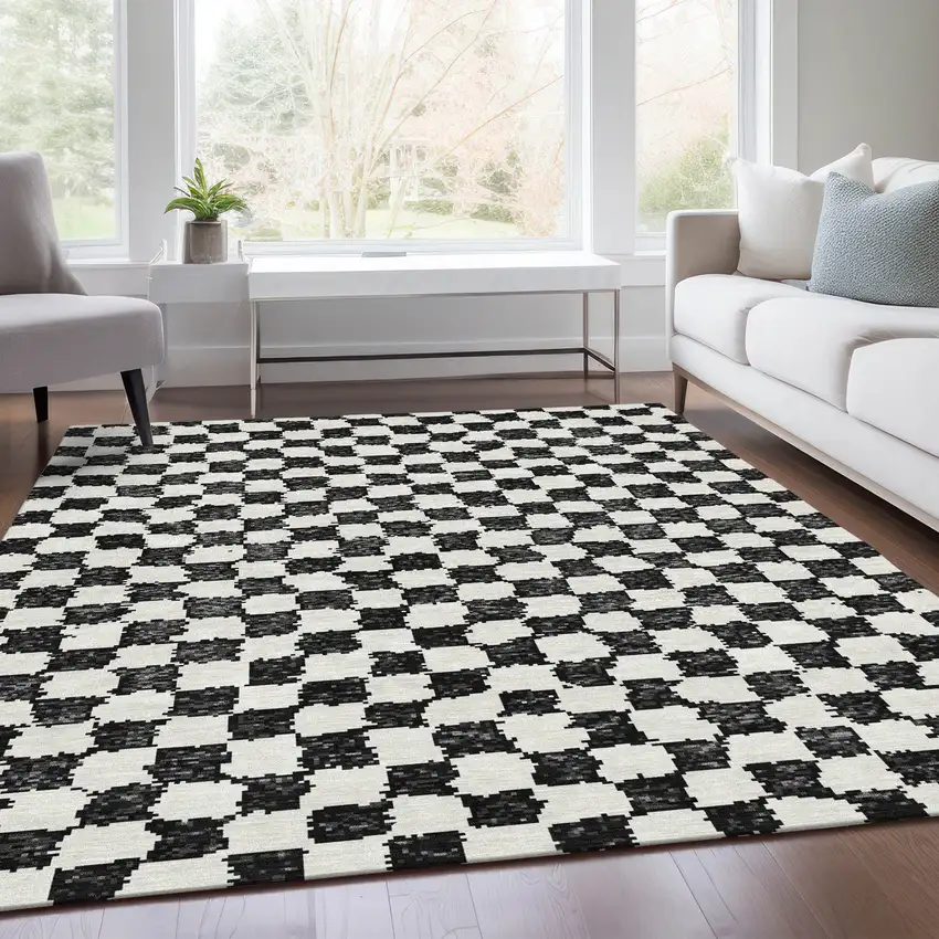 Black And Ivory Geometric Washable Indoor Outdoor Area Rug Photo 7