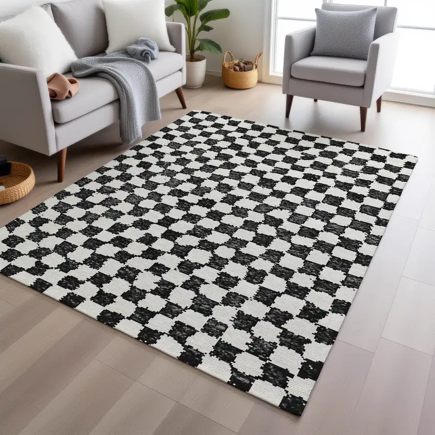 Black And Ivory Geometric Washable Indoor Outdoor Area Rug Photo 6