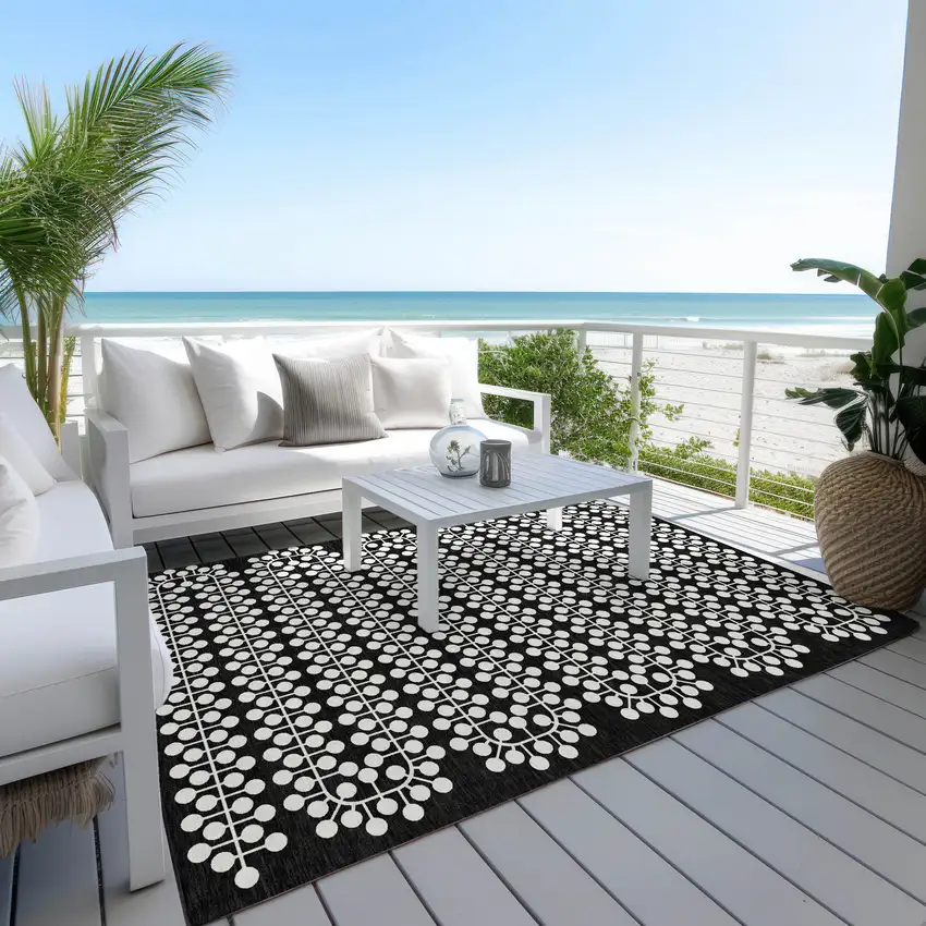 Black And Ivory Geometric Washable Indoor Outdoor Area Rug Photo 9