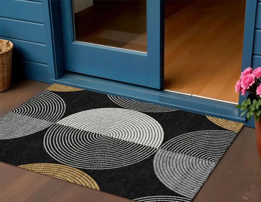 Black And Ivory Geometric Washable Indoor Outdoor Area Rug Photo 1