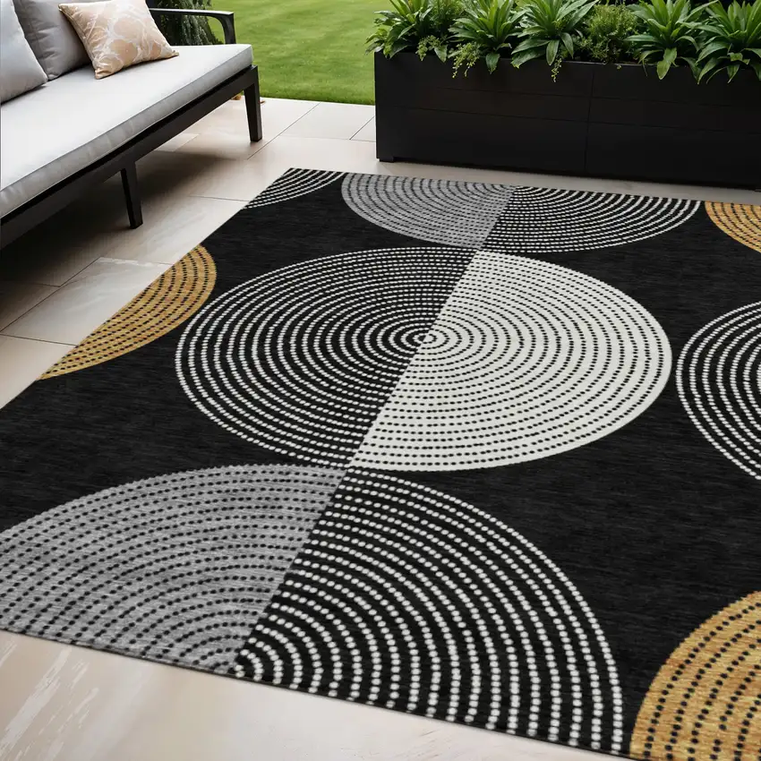 Black And Ivory Geometric Washable Indoor Outdoor Area Rug Photo 1