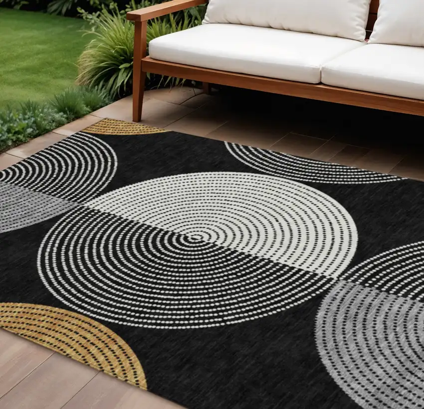 Black And Ivory Geometric Washable Indoor Outdoor Area Rug Photo 1