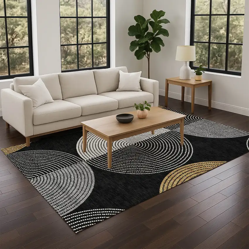 Black And Ivory Geometric Washable Indoor Outdoor Area Rug Photo 9