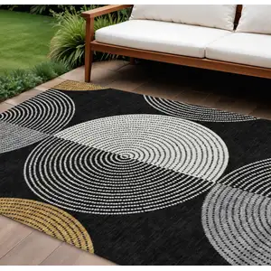 Photo of Black And Ivory Geometric Washable Indoor Outdoor Area Rug