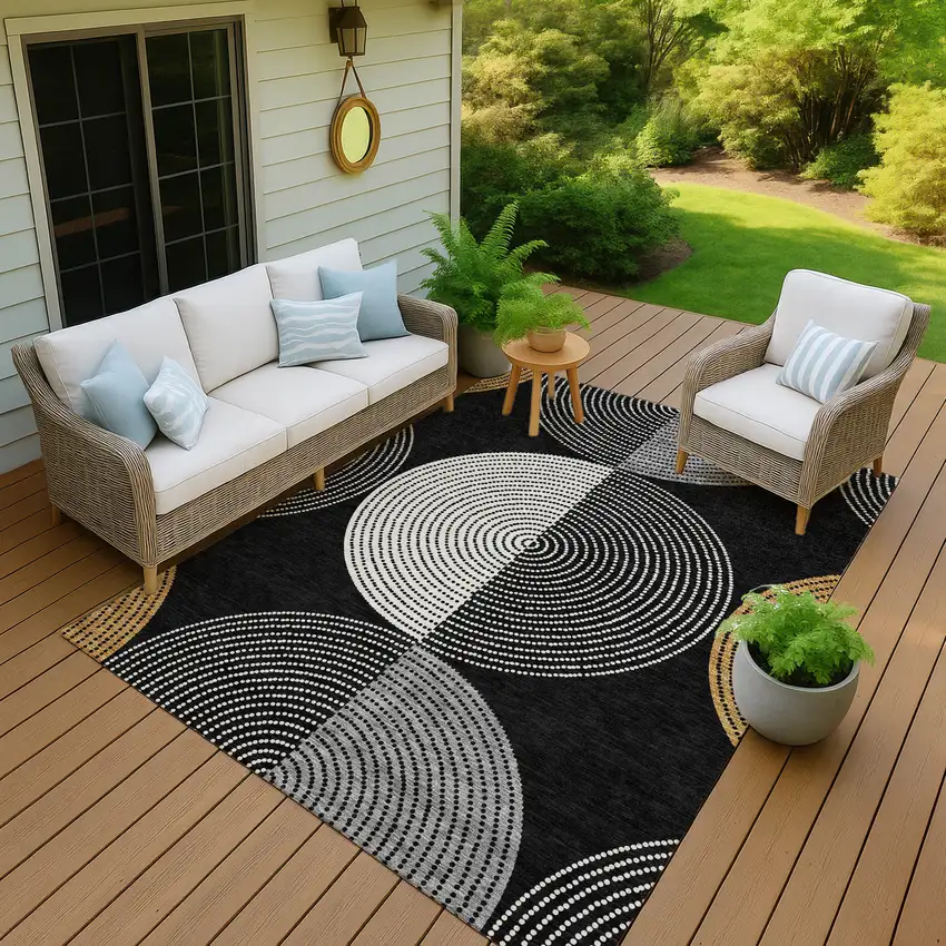 Black And Ivory Geometric Washable Indoor Outdoor Area Rug Photo 9