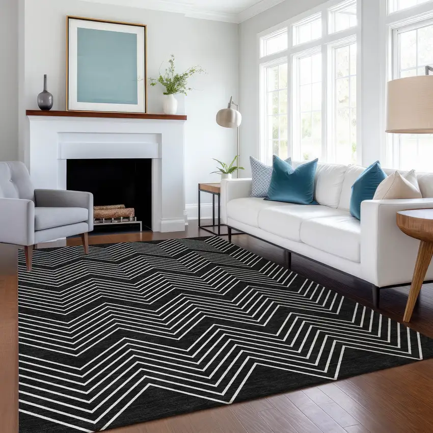 Black And Ivory Geometric Washable Indoor Outdoor Area Rug Photo 5