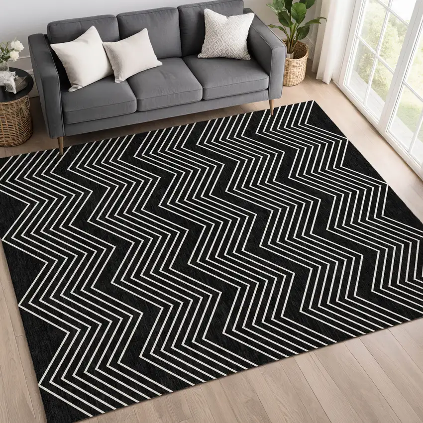 Black And Ivory Geometric Washable Indoor Outdoor Area Rug Photo 3