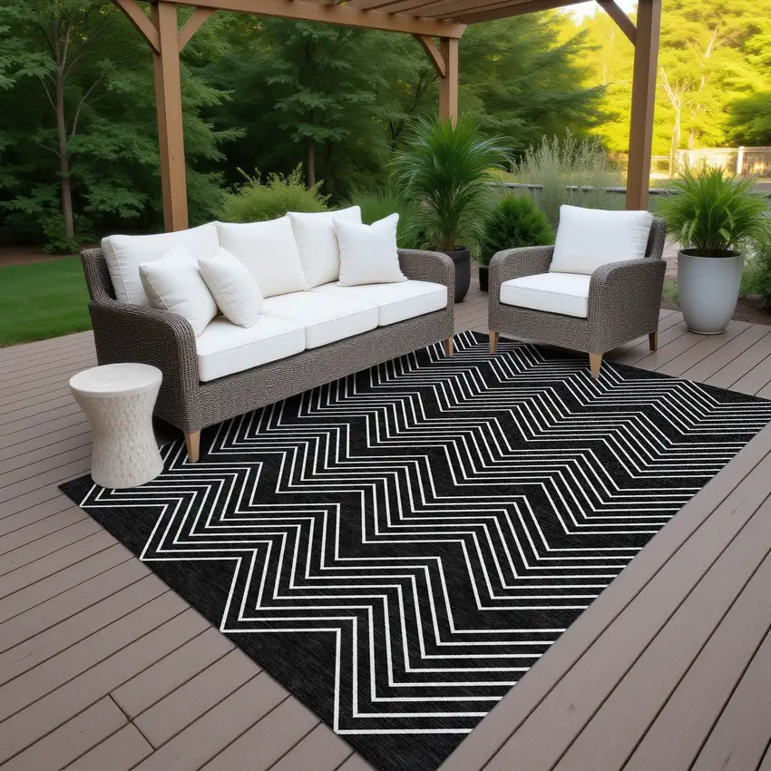 Black And Ivory Geometric Washable Indoor Outdoor Area Rug Photo 5
