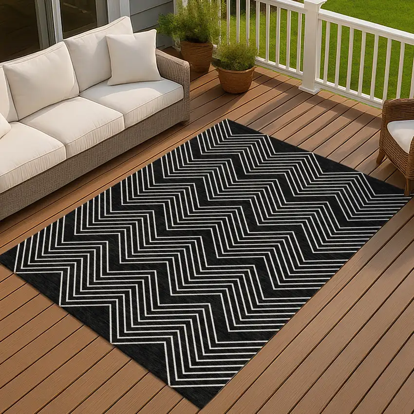 Black And Ivory Geometric Washable Indoor Outdoor Area Rug Photo 3