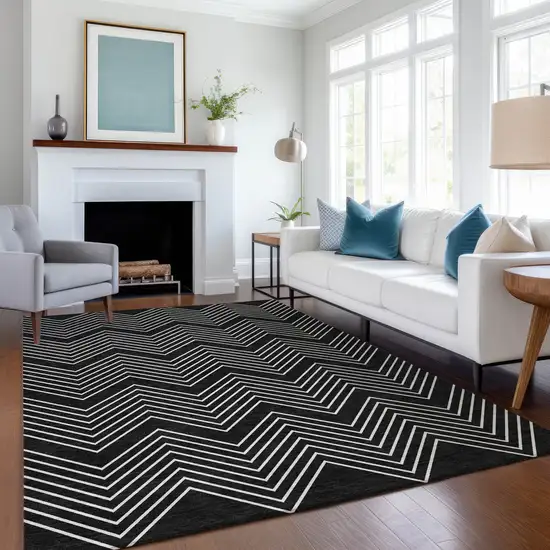 Black And Ivory Geometric Washable Indoor Outdoor Area Rug Photo 5