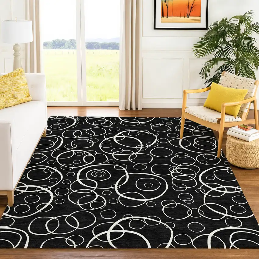 Black And Ivory Geometric Washable Indoor Outdoor Area Rug Photo 5