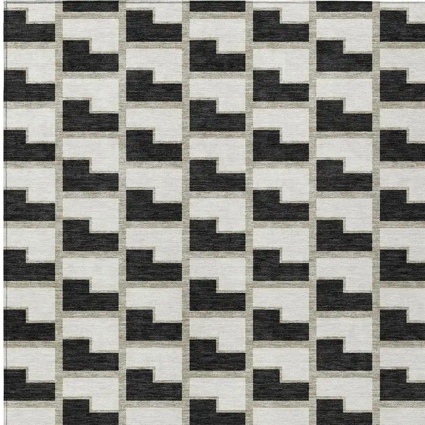 Black And Ivory Geometric Washable Indoor Outdoor Area Rug Photo 3