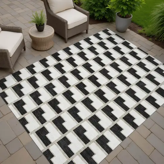 Black And Ivory Geometric Washable Indoor Outdoor Area Rug Photo 7