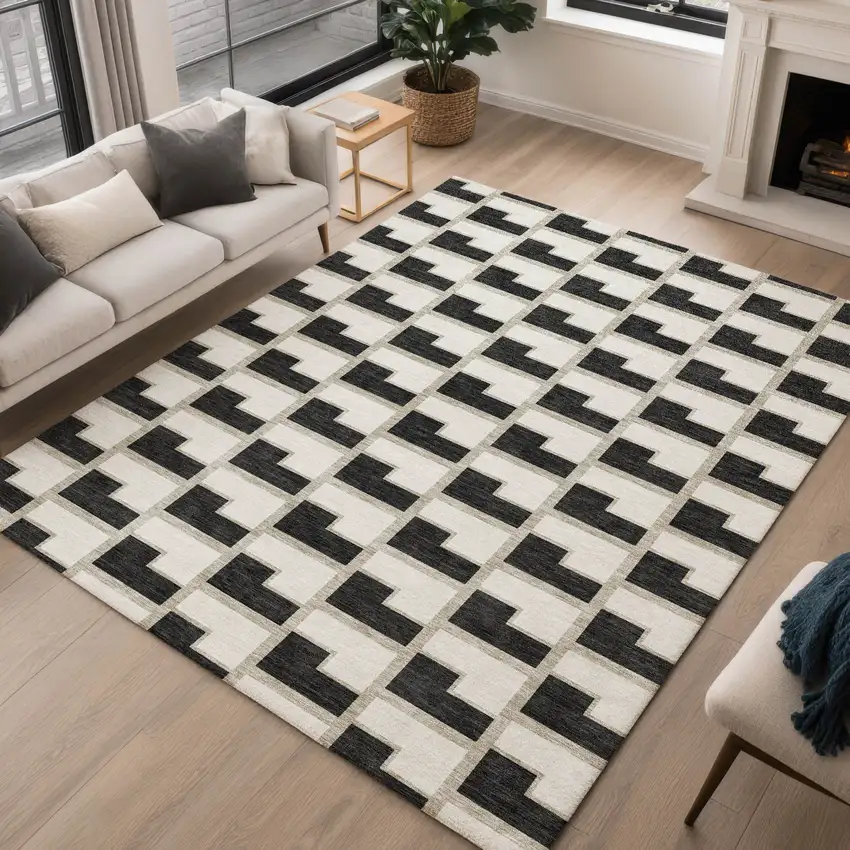 Black And Ivory Geometric Washable Indoor Outdoor Area Rug Photo 5