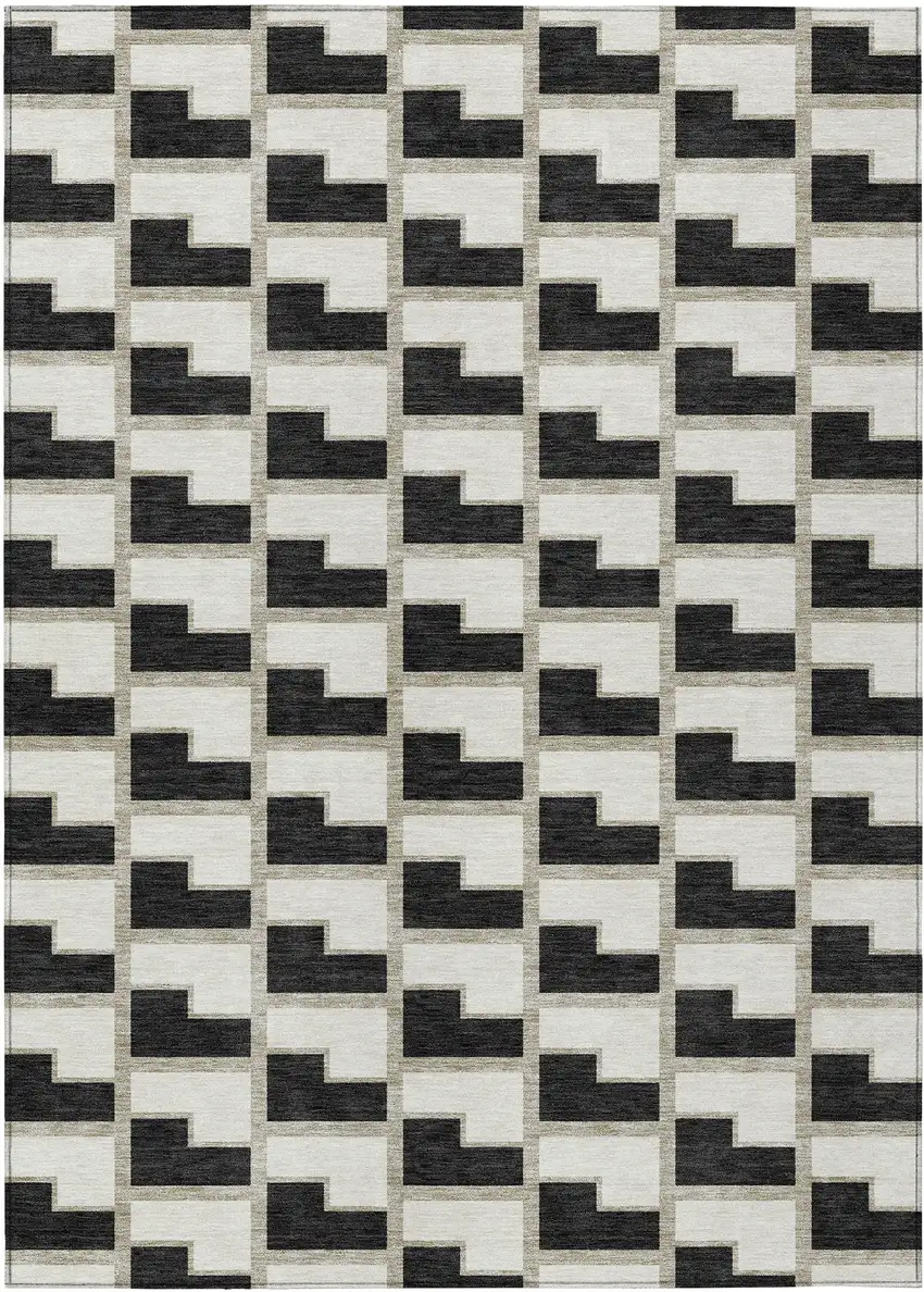 Black And Ivory Geometric Washable Indoor Outdoor Area Rug Photo 1