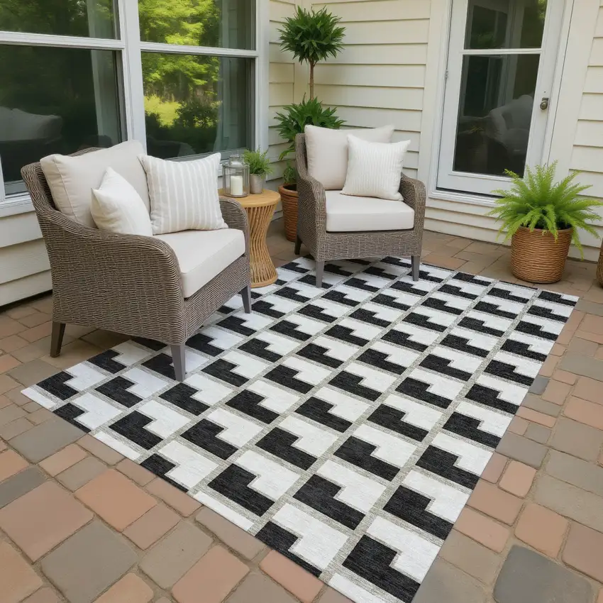 Black And Ivory Geometric Washable Indoor Outdoor Area Rug Photo 4