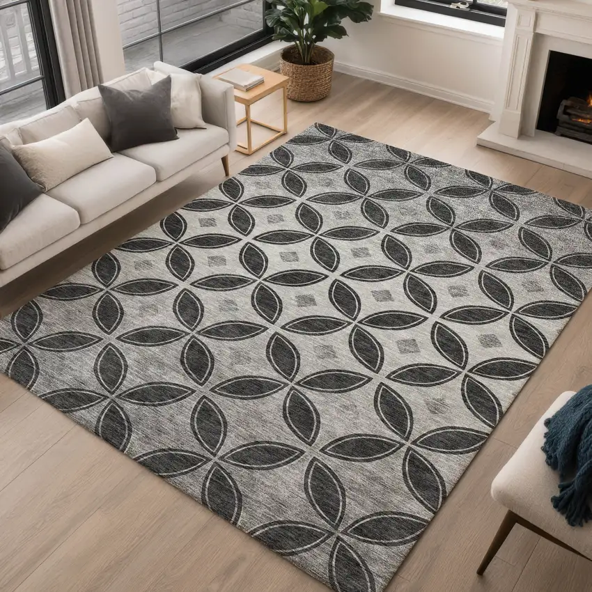 Black And Ivory Geometric Washable Indoor Outdoor Area Rug Photo 5
