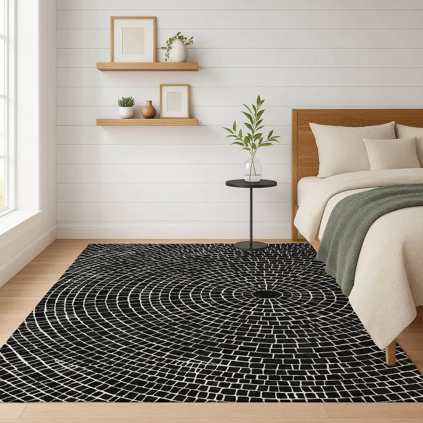 Black And Ivory Geometric Washable Indoor Outdoor Area Rug Photo 6