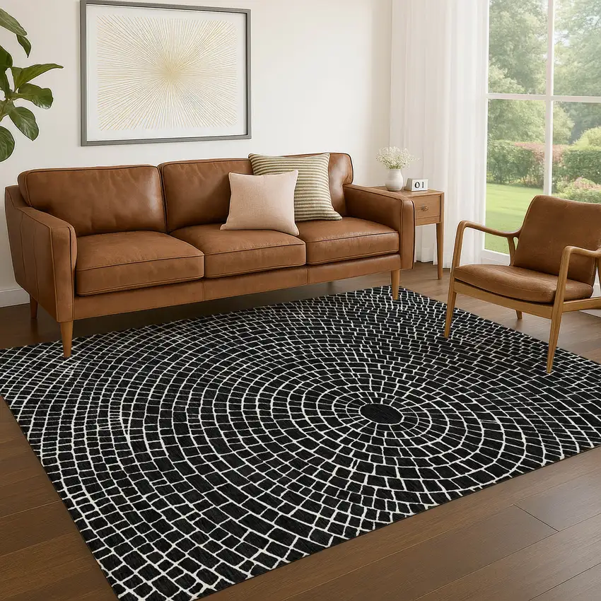 Black And Ivory Geometric Washable Indoor Outdoor Area Rug Photo 5