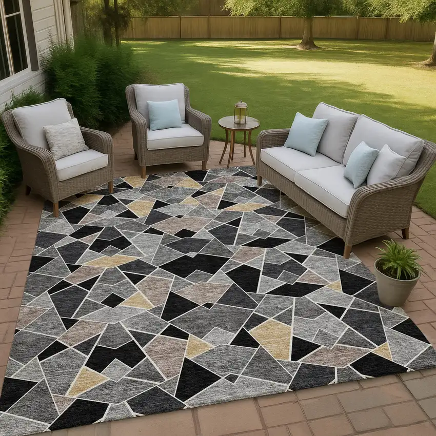 Black And Ivory Geometric Washable Indoor Outdoor Area Rug Photo 4