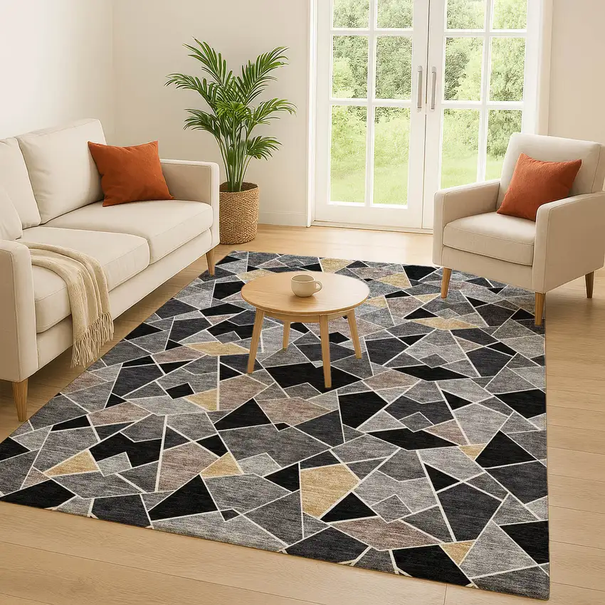 Black And Ivory Geometric Washable Indoor Outdoor Area Rug Photo 5