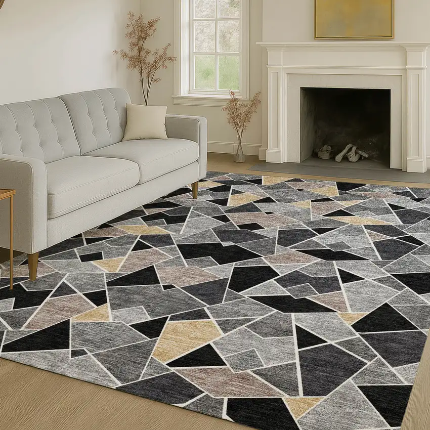 Black And Ivory Geometric Washable Indoor Outdoor Area Rug Photo 6