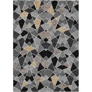Photo of Black And Ivory Geometric Washable Indoor Outdoor Area Rug