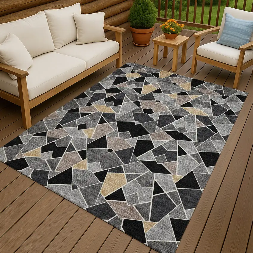 Black And Ivory Geometric Washable Indoor Outdoor Area Rug Photo 7