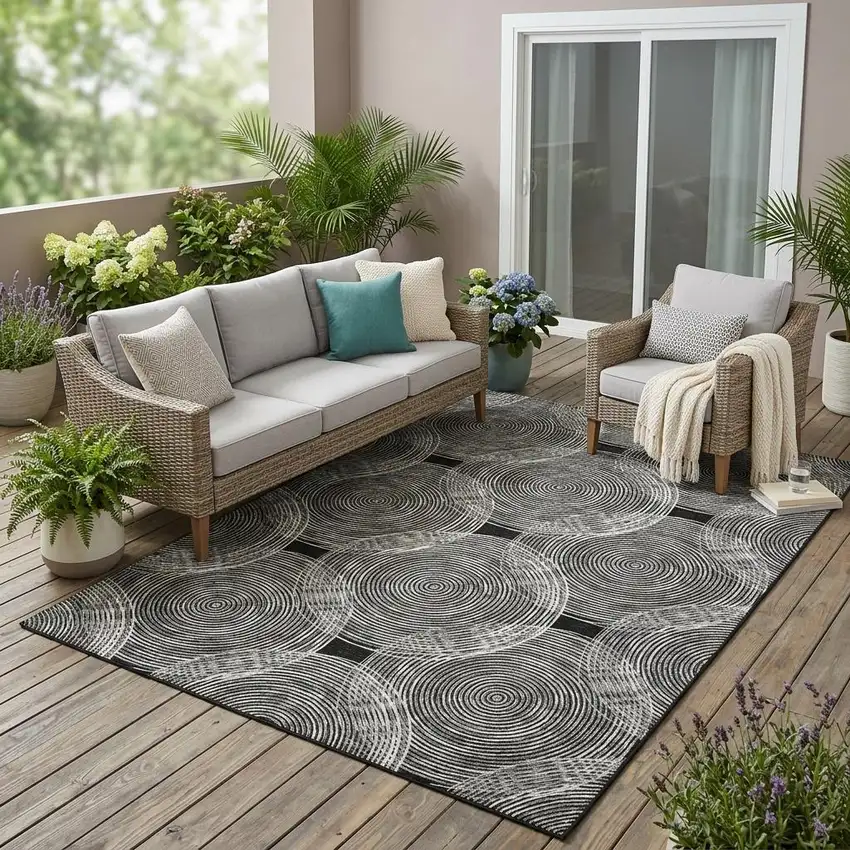 Black And Ivory Geometric Washable Indoor Outdoor Area Rug Photo 1