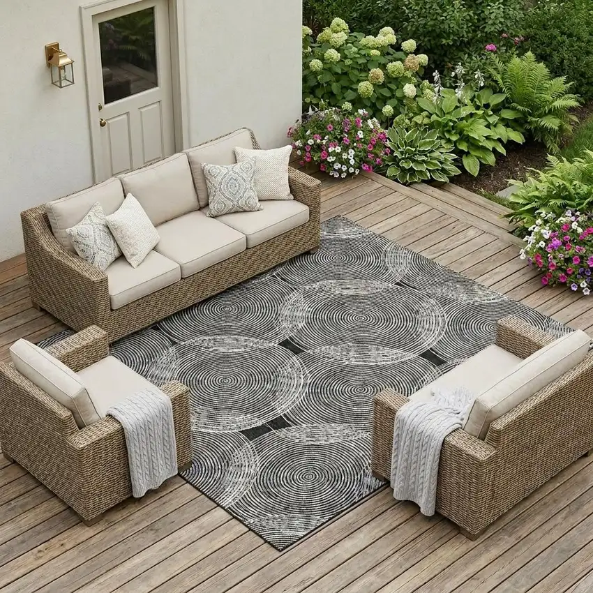 Black And Ivory Geometric Washable Indoor Outdoor Area Rug Photo 1
