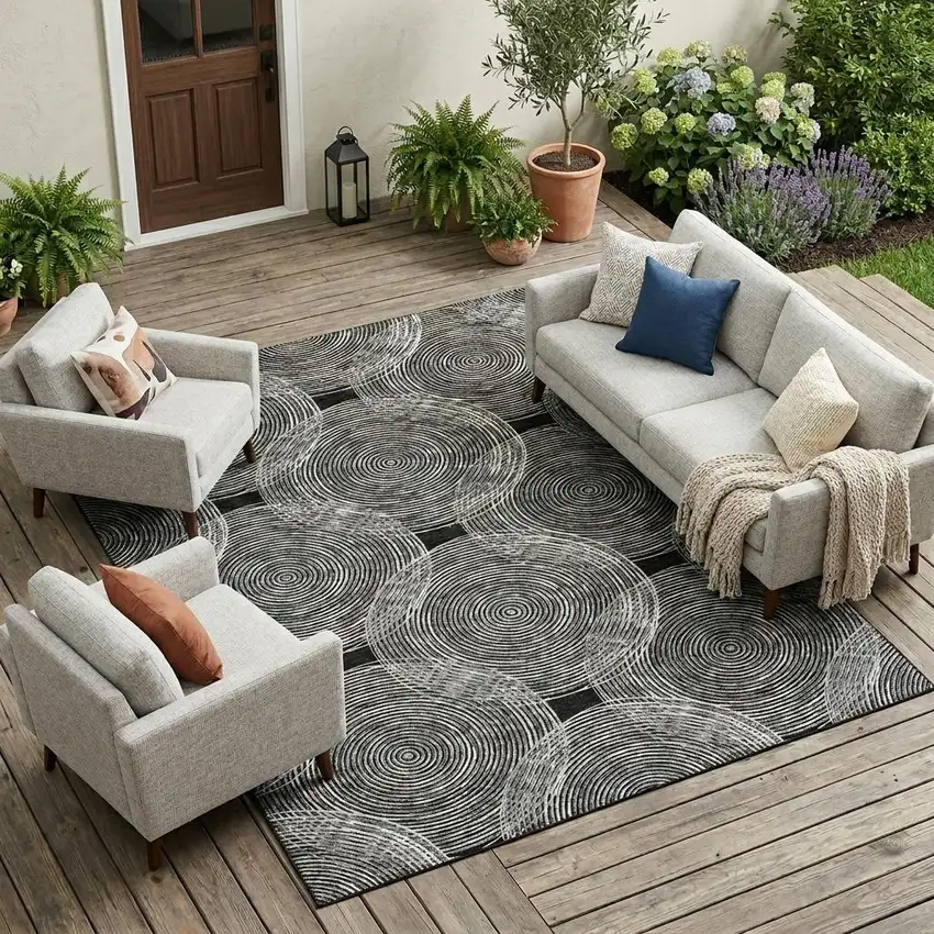 Black And Ivory Geometric Washable Indoor Outdoor Area Rug Photo 1