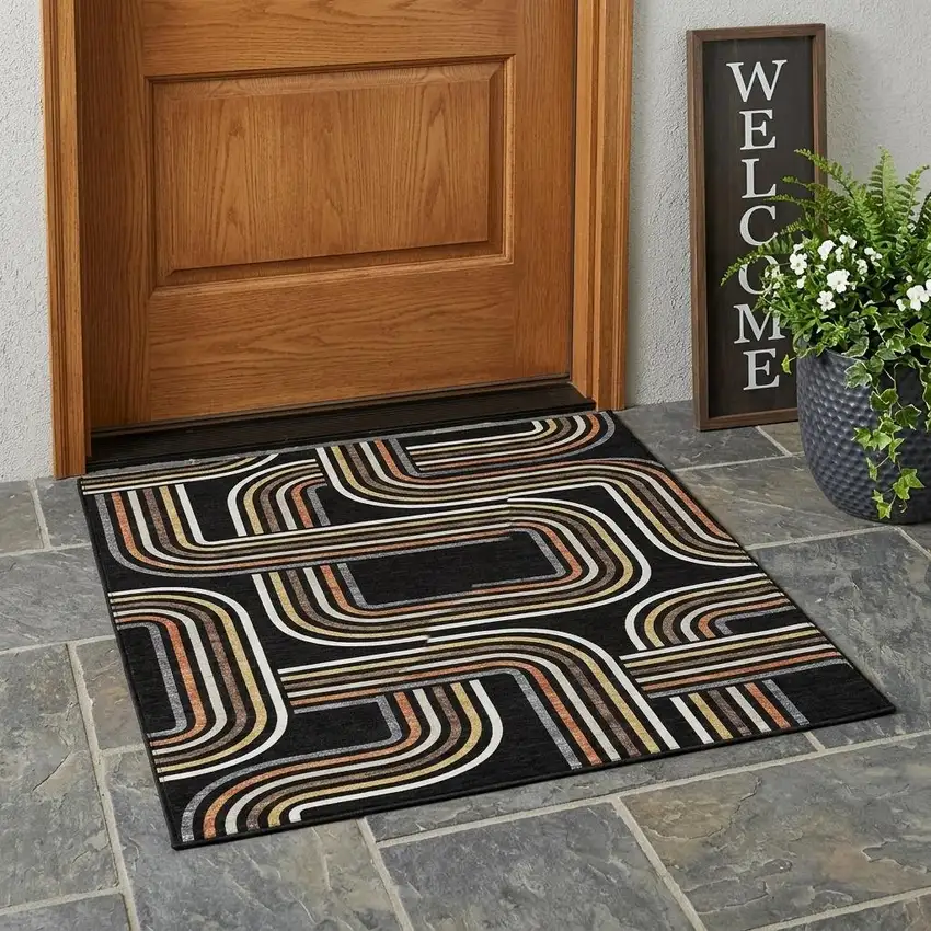 Black And Ivory Geometric Washable Indoor Outdoor Area Rug Photo 1