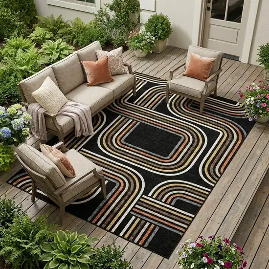 Black And Ivory Geometric Washable Indoor Outdoor Area Rug Photo 1