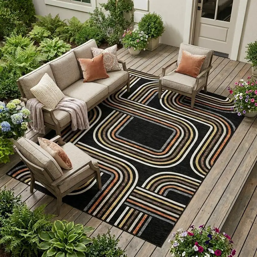 Black And Ivory Geometric Washable Indoor Outdoor Area Rug Photo 1