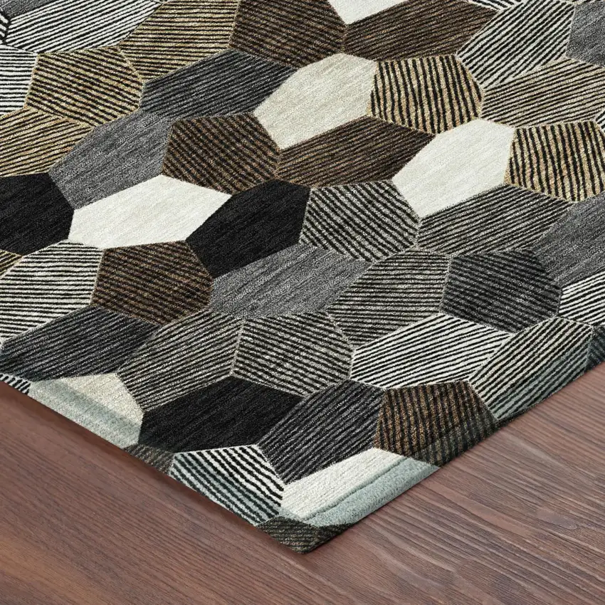 Black And Ivory Geometric Washable Indoor Outdoor Area Rug Photo 4