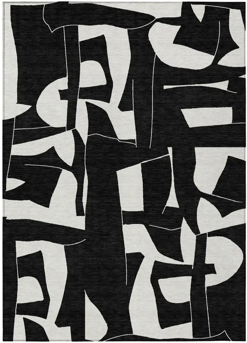 Black And Ivory Geometric Washable Indoor Outdoor Area Rug Photo 1