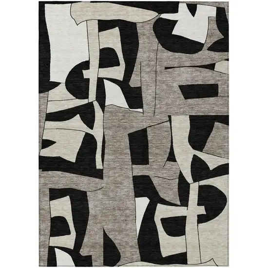 Black And Ivory Geometric Washable Indoor Outdoor Area Rug Photo 4