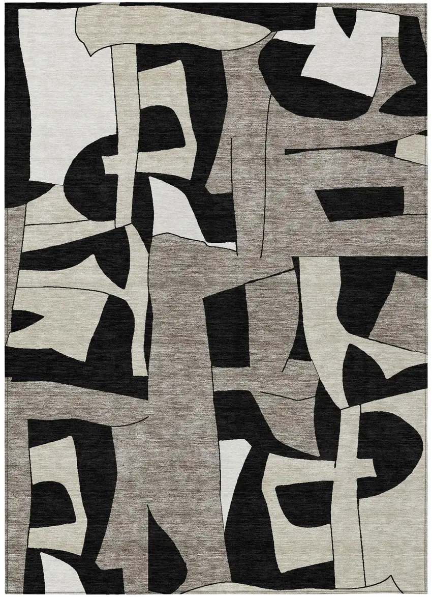 Black And Ivory Geometric Washable Indoor Outdoor Area Rug Photo 4