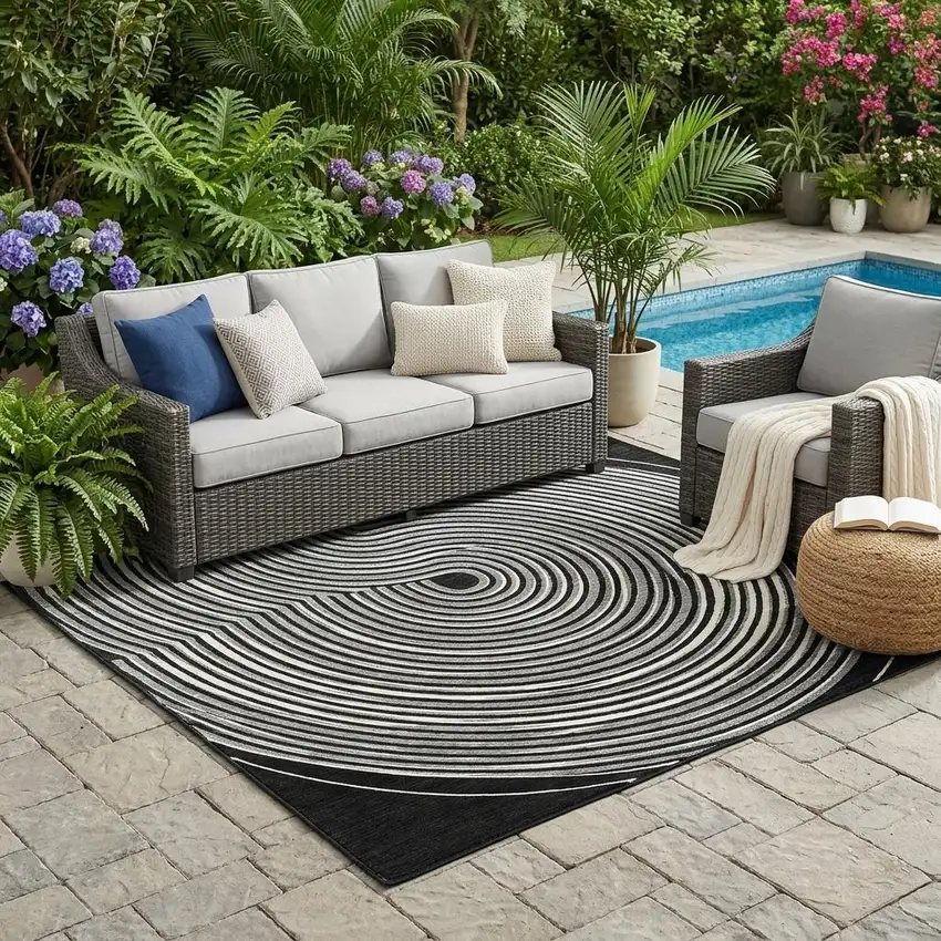Black And Ivory Geometric Washable Indoor Outdoor Area Rug Photo 1