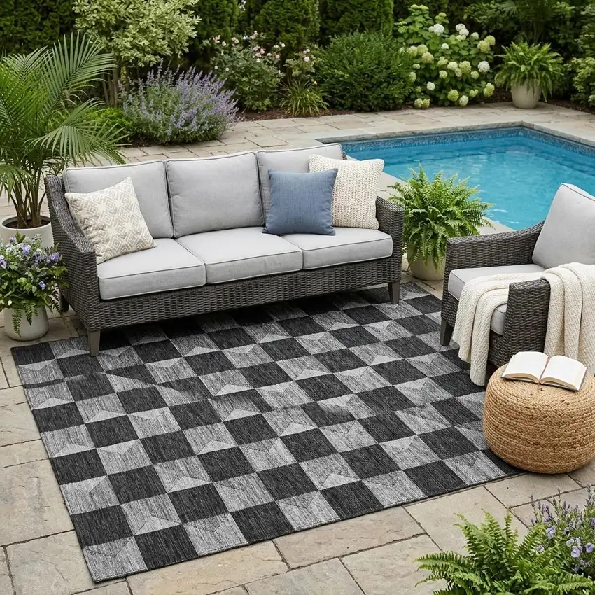 Black And Ivory Geometric Washable Indoor Outdoor Area Rug Photo 1