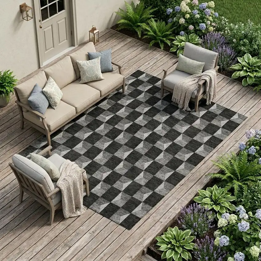 Black And Ivory Geometric Washable Indoor Outdoor Area Rug Photo 1