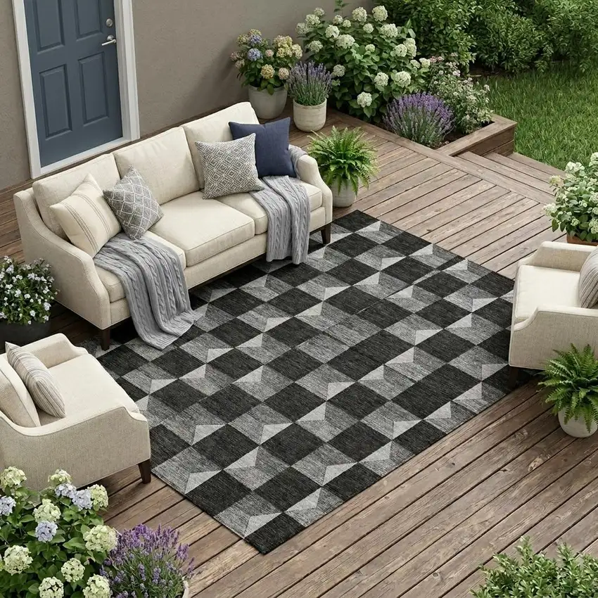 Black And Ivory Geometric Washable Indoor Outdoor Area Rug Photo 1