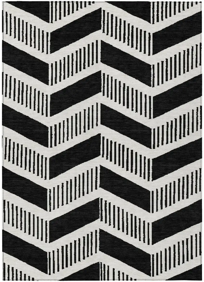 Black And Ivory Geometric Washable Indoor Outdoor Area Rug Photo 1