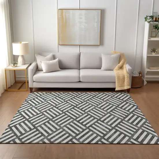 Black And Ivory Geometric Washable Indoor Outdoor Area Rug Photo 8