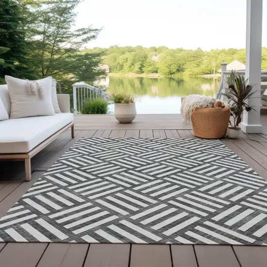Black And Ivory Geometric Washable Indoor Outdoor Area Rug Photo 7