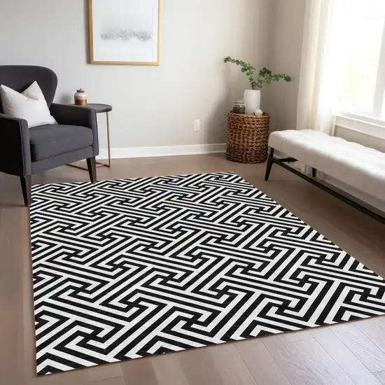 Black And Ivory Geometric Washable Indoor Outdoor Area Rug Photo 9